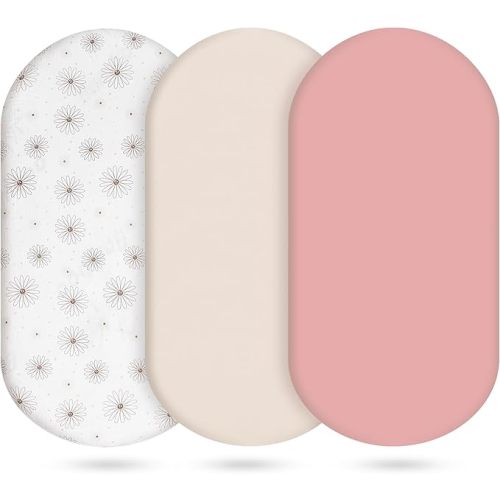3-Pack Cotton Muslin Bassinet Sheets - Fitted Elastic Mattress Cover for Baby Boys & Girls, Breathable Bedside Bassinet Sheets Neutral Colors (Fits Oval & Rectangle Shape) (Pink)