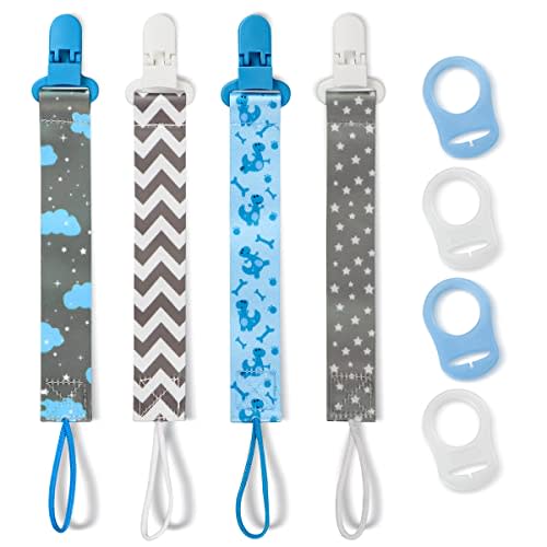 4 Pack Pacifier Clips for Boys Girls, Dummy Clips Baby with Adapters, Silicone Binky Clips for Baby Teething Toys Baby Shower (Blue)