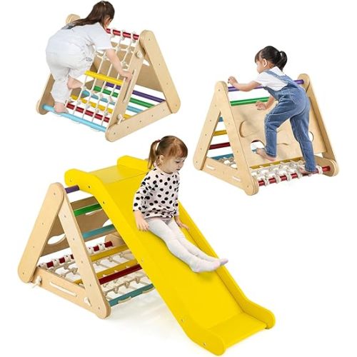 GLACER 4-in-1 Climbing Triangle w/Ramp, Climbing Toy Set with Rope Wall, Climbing Rock & Climbing Ladder, Fun Slide, Indoor & Outdoor Fun Triangle Climber for Kids Room, Play Room, Daycare (Rainbow)
