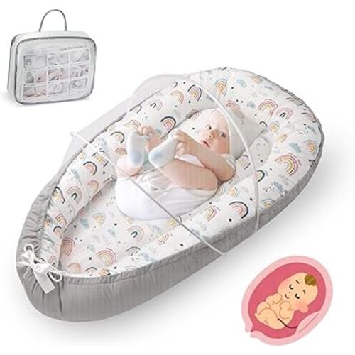 Baby Lounger for Newborn, Detachable Mosquito - Newborn Lounger Cover for 0-24 Months, Breathable & Portable Infant Lounger - Soft Baby Floor Seat Cover for Travel, Newborn Essentials - Grey