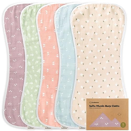 5-Pack Muslin Burp Cloths for Baby Boys and Girls - Super Absorbent Baby Burp Cloth, Viscose Derived from Bamboo Cotton Baby Washcloths, Burp Rags, Large Neutral Burp Clothes for Newborn (Blooms)