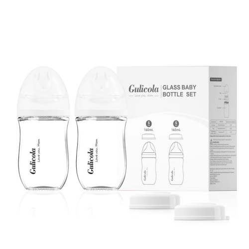 Gulicola Natural Glass Baby Bottle for Breastfeeding, Wide Neck with Slow Flow Nipple, 1 Months+, 5 oz, 2 Pack - White