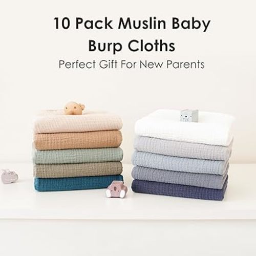 10-Pack Muslin Burp Cloths, 100% Cotton Baby Burping Cloths for Boys and Girls, Neutral Newborn Towels- Large Absorbent Diapers Cloths