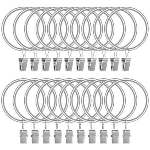 20 Pack Metal Shower Curtain Hooks Rings with Clips, Drapery Clips Hooks, Decorative Rod Clips Hangers 1.5 Inch Interior Diameter Eyelets, Rustproof Matte Silver