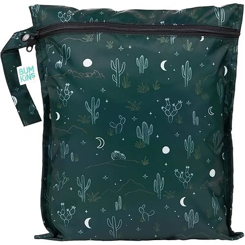 Bumkins Waterproof Wet Bag for Baby, Travel, Swim Suit, Cloth Diapers, Pump Parts, Pool, Beach, Gym Clothes, Toiletry, Hook to Stroller, Daycare, Zipper Reusable Wetdry Packing, Starry Cactus Dk Green