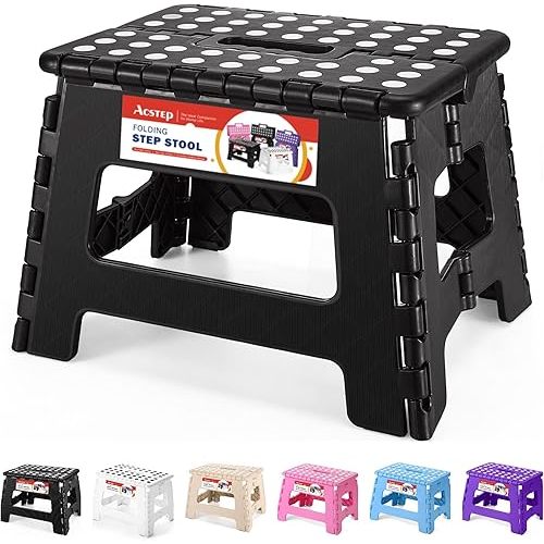 ACSTEP Folding Step Stool 9'' Tall Kids Step Stool Holds Up to 300 lb Plastic Foldable Step Stools for Kids Non-Slip Surface with Carry Handle Collapsible Stool for Home, Outdoor and Indoor(Black)