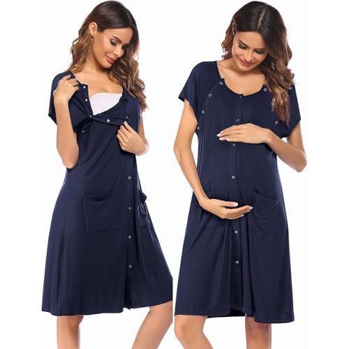 Ekouaer 3 in 1 Labor/Delivery/Hospital Gown Nursing Dress Maternity Nightgown Sleepwear for Breastfeeding with Button S-XXL