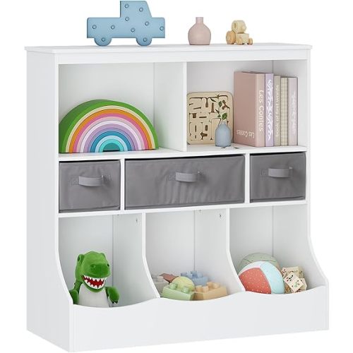 UTEX Toy Storage Organizer with Bookcase, Kids Bin Storage Unit with 8 Compartments and 3 Baskets, Toys Box, Multi Shelf Cubby for Books, Toys,White