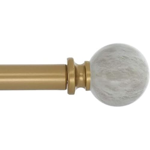 Meriville 1-Inch Diameter Single Window Treatment Curtain Rod, Spanish White Marble Ball Finial, 28-inch to 48-inch Adjustable, Royal Gold
