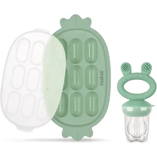 Haakaa Baby Fruit Food Feeder & Silicone Freezer Nibble Tray Combo - Breastmilk Popsicle Mold for Baby Cooling Relief, BPA Free Baby Mesh Food Feeder for Infant Self Feeding - Pea Green