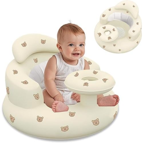 Baby Inflatable Seat for Babies 3 Months and Up, Inflatable Baby Chair with Tray, Toddler Floor Seats for Sitting Up, Blow Up Baby Chair with Back Support-Cute Bear