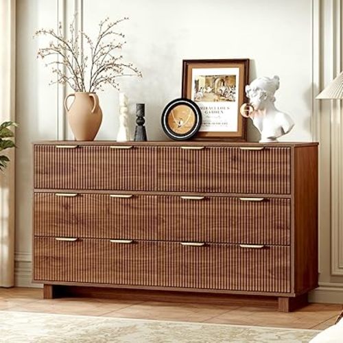 54.72" Modern Chest of Drawer, 6 Deep Drawers,Clothes Organizer,Large Storage Cabinet for Living Room, Bedroom,Dresser TV Stand, Wood Drawer Organizer for Living Room, Hallway, Sepia