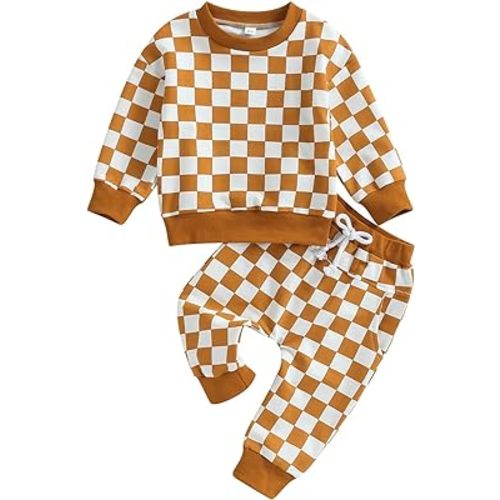 Karuedoo Baby Boy Girl Fall Outfits Checkered Plaid Pullover Sweatshirt Top Pants Set Trendy Toddler Checkerboard Outfit