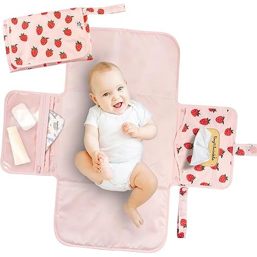 Tiny Twinkle Portable Diaper Changing Pad | Waterproof, Wipeable & Compact Baby Changing Pad for Travel | Smart Wipes Pocket & Organized Storage| Newborn Shower Gift (Strawberries)