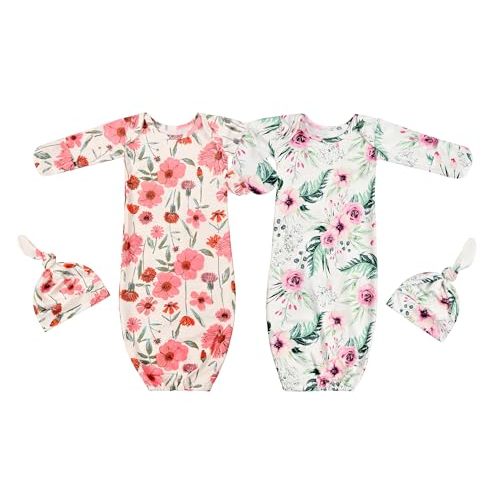 Terriboo Newborn Baby Long Sleeve Sleeper Gown with Mittens Knotted Gown Coming Home Outfit Nightgown with Hat Set 2 Packs