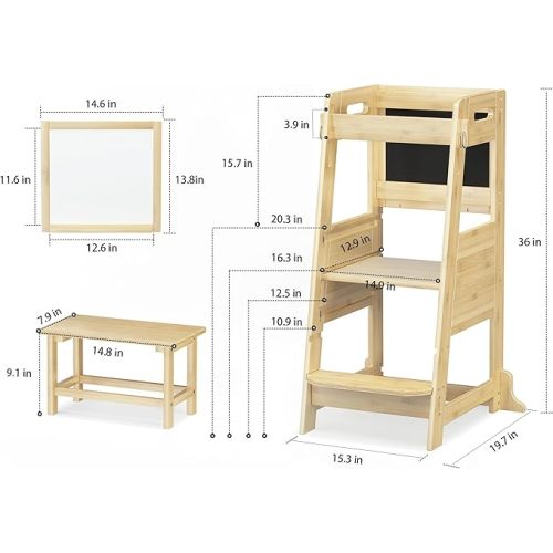 TOETOL Bamboo Toddler Kitchen Step Stool Kids Learning Helper Standing Tower 3 Height Adjustable Stool with Activity Chalkboard and Whiteboard Message Boards,Non-Slip Mat,Natural - Wood