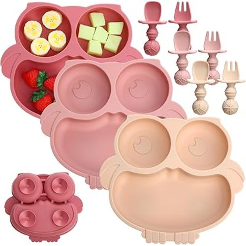 3 Sets Suction Plate for Baby Silicone Owl Shape Toddler Plates with Spoon and Fork Feeding Baby Plates Microwave and Dishwasher Safe Divided Plates for Baby Kids (Beige, Dark Pink, Light Pink)