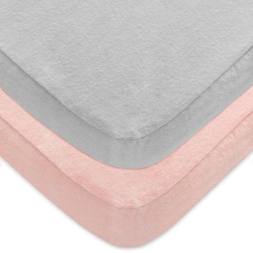 Pack 'n Play 2-Pack, 100% Cotton Flannel, Portable Mini Crib Sheets, Fitted Playard Mattress Cover for Girls & Boys, Ultra Soft Warm Breathable Convertible Playpen Sheet, Grey & Pink