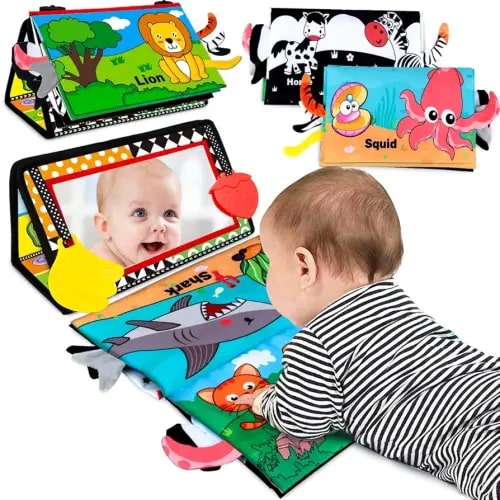 Baby Toys 0-6 Months - Tummy Time Mirror Toys with Cloth Books Teethers - High Contrast Newborn Toy 0-3 Months - Montessori Sensory Infant Toy for Babies 2 4 5 Month Boys Girls