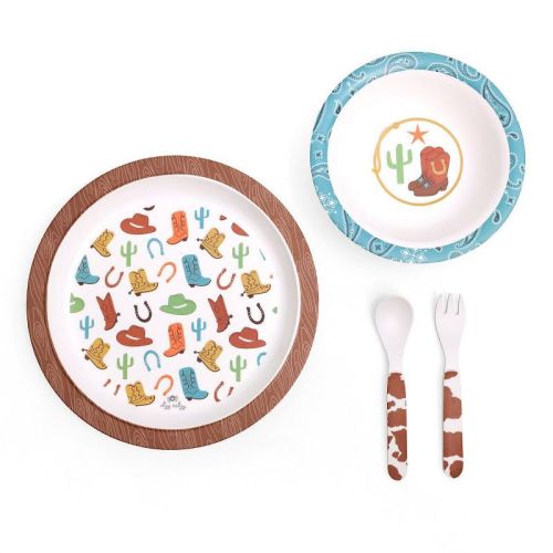Itzy Ritzy 4pc Melamine Itzy Bistro Toddler Feeding Dining Set, Plate, Bowl, Fork and Spoon - Western: Cow Pattern