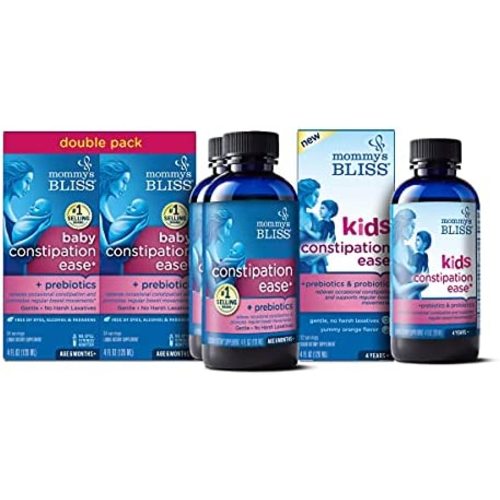 Mommy's Bliss Baby Constipation Ease 4 Fl Oz (Pack of 2) with Kids Constipation Ease 4 Fl Oz (Pack of 1), Baby & Kids Constipation Relief with Prebiotics