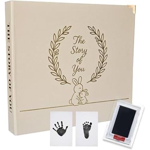 Baby Memory Book Keepsake Journal – First 5 Years, Gender Neutral, Newborn Photo Album & Milestone Book with Hand & Footprint Kit, Scrapbook Gift for Baby Shower (Beige)