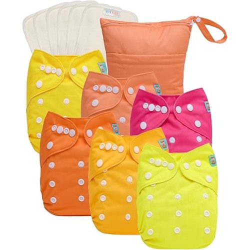 ALVABABY 2.0 AWJ Lining Cloth Diaper with Tummy Panel for Babies,6 Pack Diapers and 6 Inserts with One Wet Dry Bag, Adjustable Washable Reusable for Baby Girls and Boys 6WJT01A-L