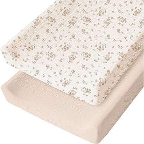 Konssy Muslin Changing Pad Cover for Baby Girls Boys, 100% Cotton Fitted Diaper Chang Table Covers, Soft Breathable Changing Pad Sheets, 2 Pack (Blossom, Cream)