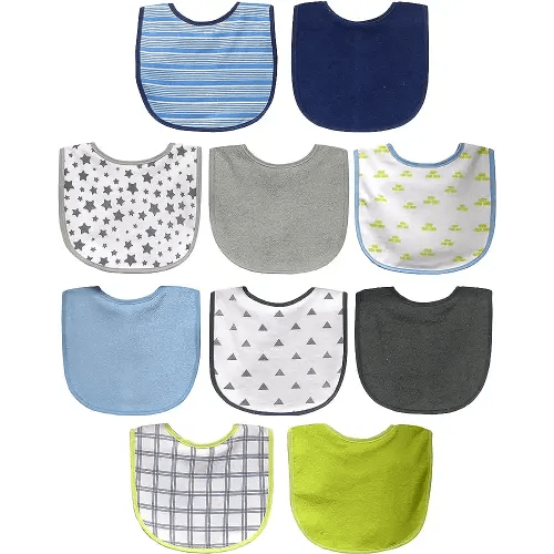 Neat Solutions 10 Pack Water Resistant Bib Set Blue/Grey Assorted, 10 Count, 0+ Months