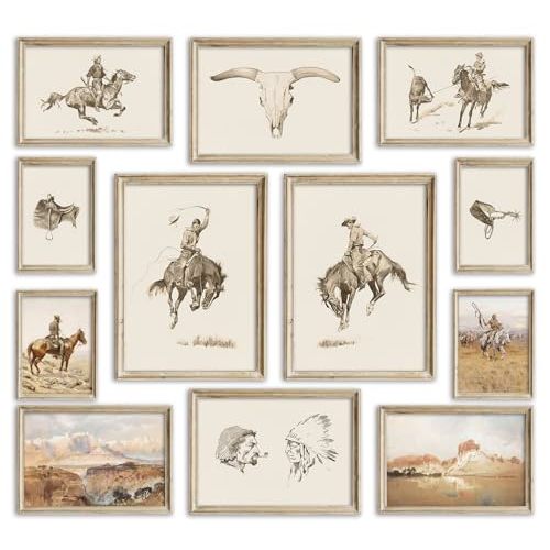 Kizbok Western Deor Vintage Farmhouse Cowboy Western Wall Decor, Retro Southwestern Wall Art Prints Country Cowboy Oil Paintings, Rustic Horse Riders Ranch Southwest Artwork Picture for Gallery Bedroom Bathroom western Home Decor (Set of 12, Unframed)