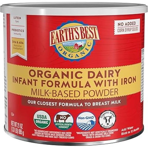 Earth's Best Organic Baby Formula for Babies 0-12 Months, Powdered Dairy Infant Formula with Iron, Omega-3 DHA, and Omega-6 ARA, 21 oz Formula Container