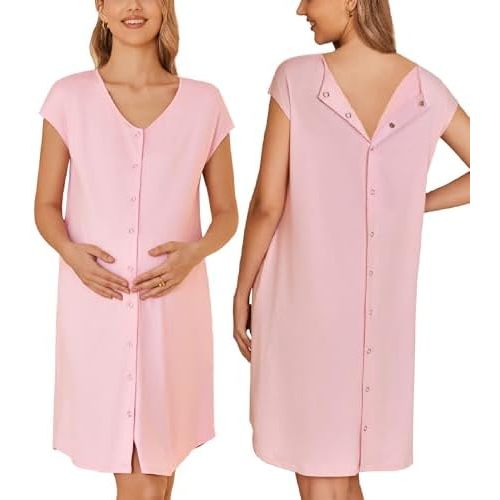 Ekouaer Labor/Delivery/Hospital Gown Nursing Nightgown Maternity Sleepwear With Pockets Postpartum Gowns with Button S-XXL