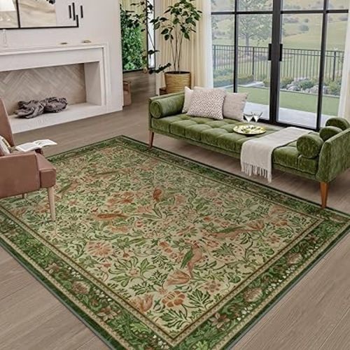 Vintage Floral 5x7 Area Rug, Soft Washable Boho Rugs for Living Room Low Pile Non-Slip Flower Birds Bedroom Rug, Olive Green Botanical Indoor Carpet for Nursery Playroom Dining Room