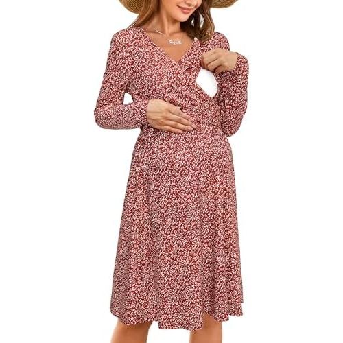 OUGES Womens 2025 V-Neck Maternity Dresses Nursing Breastfeeding Baby Shower Dress