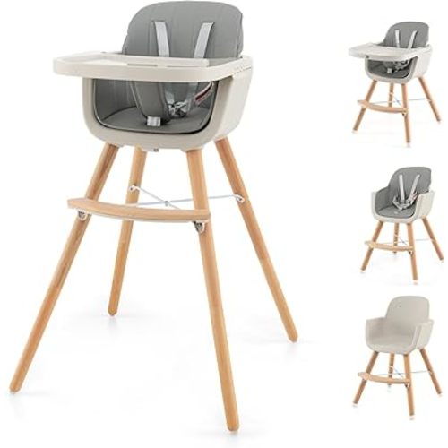 HONEY JOY High Chair, 3-in-1 Eat & Grow Wooden Highchair/Toddler Chair with Removable Tray, 5-Point Harness, PU Cushion and Footrest for Baby, High Chair for Babies and Toddlers(Gray)