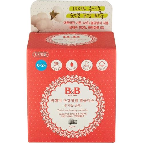 B&B, Korea's #1 Baby Household Brand - Baby Tooth and Gum Wipes, 100% Cotton Mouth Wipes to Maintain Oral Hygiene, Moist & Lint-free, Clean Debris and Odor, Individually Wrapped (30 Count)
