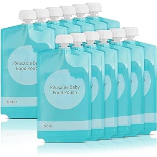 Kirecoo Reusable Baby Food Pouches - 12PCS 7oz Refillable Baby Food Storage Pouches, Squeeze Homemade Organic Applesauce Yogurt Smoothie Puree Storage for Kids Toddlers, Washable Freezer Safe