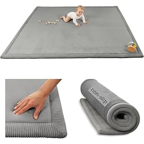 Premium Baby Play Mat for Floor 60" x 80" Dark Gray – Cloud-Soft Coral Velvet Memory Foam Rug for Crawling & Play – Non-Slip, Water-Resistant, Easy-Care Muscle Mat – Non-Toxic Padded Playmat