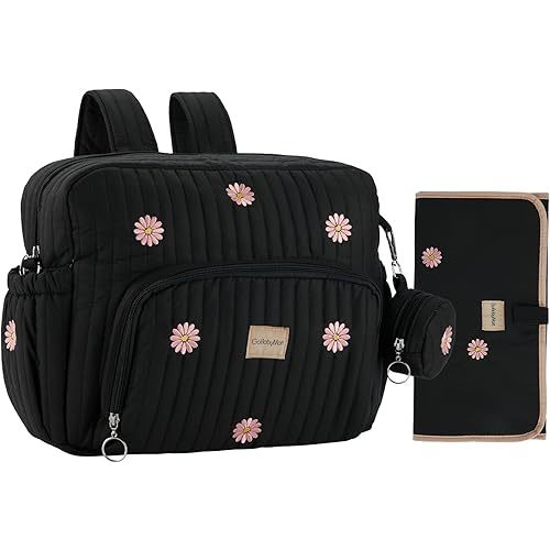Diaper Bag Backpack, Medium Maternity baby bag & Changing Pad, Insulated Pockets, Stroller Straps & Pacifier Case (Medium - Black Flowers)