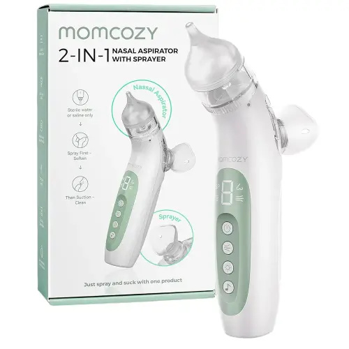 Momcozy Nasal Aspirator for Baby, Upgraded 2-in-1 Electric Nasal Aspirator with Spray,65kPa Nose Sucker with 4 Adjustable Suction Levels,Portable Electric Nose Cleaner,Light & Music Soothing Functions