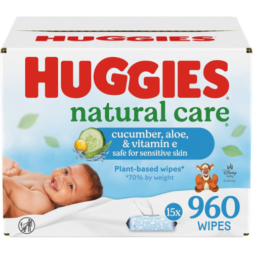 Huggies Natural Care Cucumber, Aloe and Vitamin E Baby Wipes, Hypoallergenic, Scented, 15 Flip-Top Packs (960 Wipes Total), Packaging May Vary