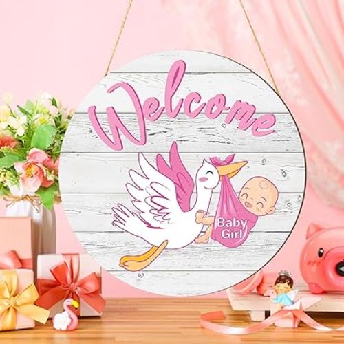 Chunful Baby Girl Door Sign Gender Reveal Welcome Sign Hanging Wreath Round Rustic Wood Farmhouse Decorations Holiday Front Door Decor for Baby Shower Porch Party Supplies