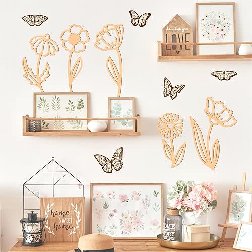 10 Pcs Wooden Wildflowers Wall Decor Decals Colorable Fowers Cutout Signs Boho Nursery Decor for Girl Baby Bedroom Decals Peel and Stick Butterflies Art Stickers for Kids Nursery Baby Room Home Decor
