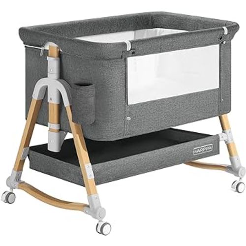 HARPPA Cuddly 3 in 1 Baby Bassinet Bedside Sleeper(Mosquito Net Included), Five-Position Adjustable Bedside Crib with Storage for Newborns, Portable Bassinet with Anchor Strap (Wood Grain, Grey)