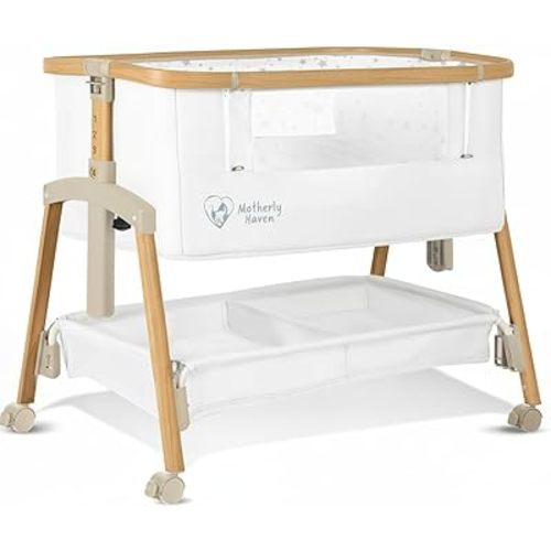 Baby Bassinet Bedside Sleeper, Portable Crib for Newborns, Adjustable 7-Height Auto-Lock, with Wheels, Soft Mattress & Breathable Mesh