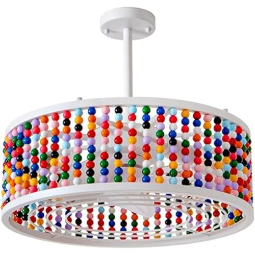 Ceiling Fans with Lights and Remote, Caged Ceiling Fan with Handcrafted Beaded Décor 6 Speeds Reversible 19 inches Bulbs Included for Angled Ceiling, Colorful