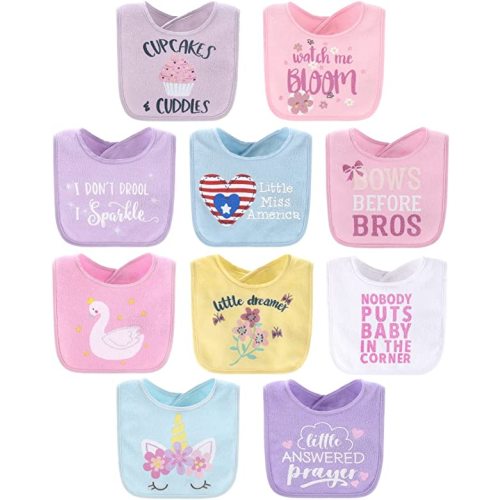 Terry Bib Set for Baby Girls | 10 pack for Feeding, Teething, & Drooling | Pastel Girl