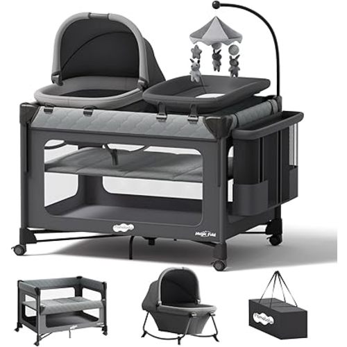 Pamo Babe Pack and Play with Bassinet - 7 in 1 One-Step Setup Bedside Crib, Portable Playpen, Travel Crib, Baby Playard with Diaper Changing Station, Toy Bar & Large Storage Bag