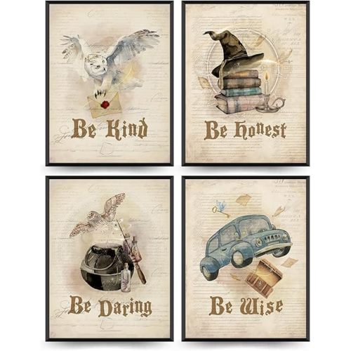 PLKMN Vintage Retro Magic Art Print Set of 4, Owl Magic Book Magic Stick Wall Art,Be Kind Wall Poster Picture, Magic Lovers, Positive Poster For Girls Room Living Room Home Decor 12x16 Inch (Unframed)