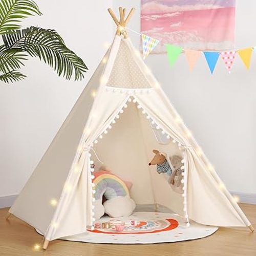 Sumbababy Kids Teepee Tent for Toddlers - Kids Play Tents Indoor Playhouse for Girls & Boys - Washable Tipi Sleepover Tent Kid Boho Toddler Tents with Lights & Carry Bag - Foldable Outdoor Gift Toys